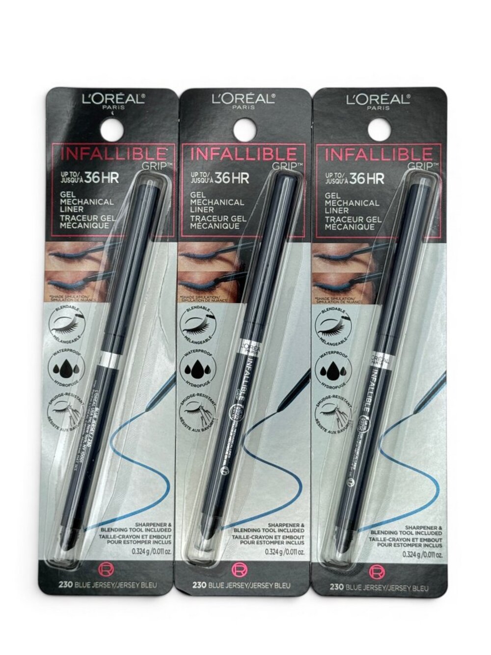 3 Pack L'Oreal Infallible Mechanical Gel Eyeliner Pencil Waterproof -Blue Jersey